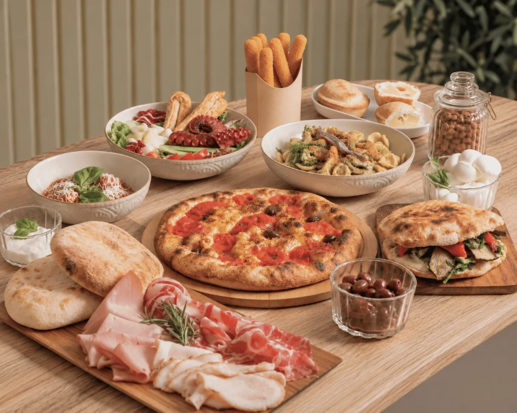 Assortiment de spécialités pugliesi pour événements privés — pucce, charcuterie, focaccia, orecchiette et antipasti, par MadrePuglia